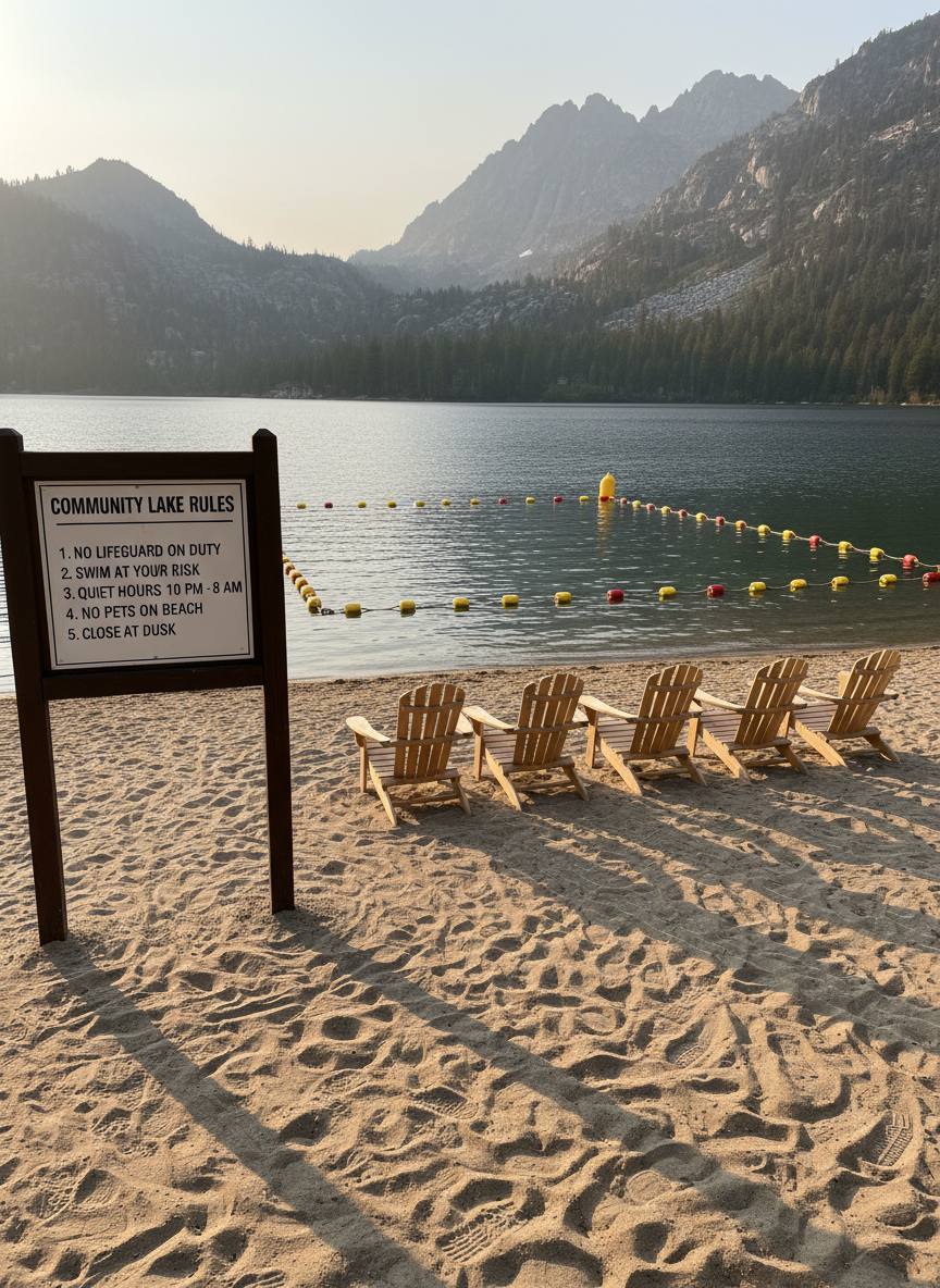 An orderly lakeside amenities area in a mountain HOA community, featuring a small private beach with clean, raked sand, a row of neatly aligned wooden Adirondack chairs facing the shimmering water, and a well-marked floating swim area with bright buoys. Nearby, a signboard with a dark wood frame and crisp white lettering clearly lists community rules and hours. Early evening light casts a soft golden glow on the water’s surface and gentle, elongated shadows from the chairs. Photographic realism captured from a slightly elevated angle shows the whole scene in clear focus, evoking a serene yet well-regulated environment that highlights attentive, detail-oriented community management.