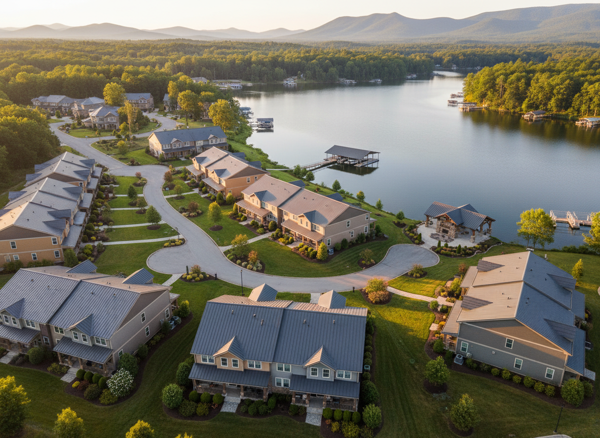 A bird’s-eye view of a well-maintained lake and mountain HOA community, with neatly arranged townhomes featuring muted earth-tone siding, dark metal roofs, and tidy landscaping of evergreens and native shrubs. Paved walkways curve toward a shared lakeside dock with a few empty boat slips, while a small community pavilion with a stone fireplace sits near the shoreline. Late afternoon golden-hour sunlight bathes the scene, creating warm highlights on rooftops and soft shadows across the lawns. Photographic realism with sharp focus throughout captures the layout clearly, communicating order, care, and cohesion in the neighborhood’s design, tailored specifically to its Deep Creek lakeside setting.