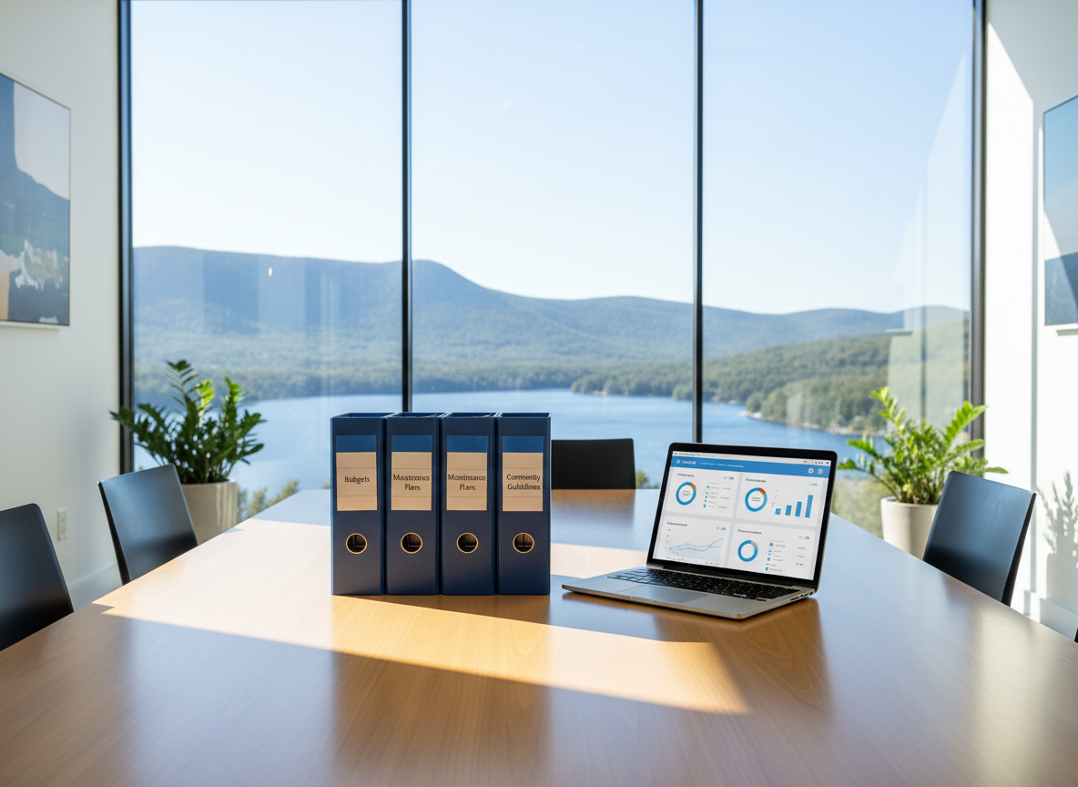 A polished, modern HOA management workspace featuring a large light-oak conference table neatly arranged with organized binders labeled “Budgets,” “Maintenance Plans,” and “Community Guidelines,” alongside a slim silver laptop displaying a clean dashboard of association data. Through expansive floor-to-ceiling windows, a panoramic view of Deep Creek’s lake and rolling mountain ridges stretches under a clear sky. Soft midday natural light fills the room, creating crisp reflections on the table’s surface and gentle shadows under the binders. Photographic realism at a slightly elevated angle emphasizes clarity and order, with a minimalist, uncluttered composition that conveys transparent communication, thoughtful oversight, and organized, professional management.