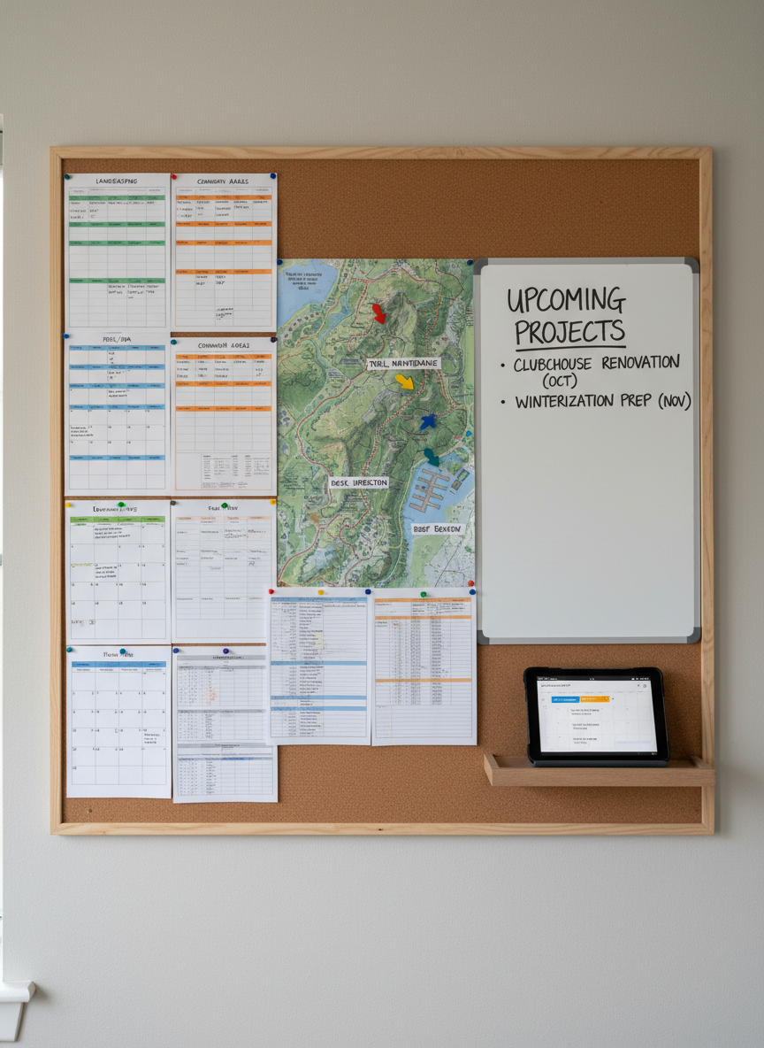 A close-up of an organized HOA maintenance command center wall, featuring a large corkboard and whiteboard combination filled with color-coded schedules, neatly printed maintenance checklists, and a prominently placed laminated map of a lake and mountain community. Magnetic markers highlight areas like “Trail Maintenance,” “Dock Inspection,” and “Roof Review.” A small digital tablet rests on a nearby floating shelf, showing a calendar of upcoming tasks. Soft, diffused overcast light from an unseen window gently illuminates the textures of paper and cork, minimizing harsh shadows. Photographic realism at an eye-level composition emphasizes structure and readiness, with a calm, professional atmosphere that conveys reliable, proactive oversight.